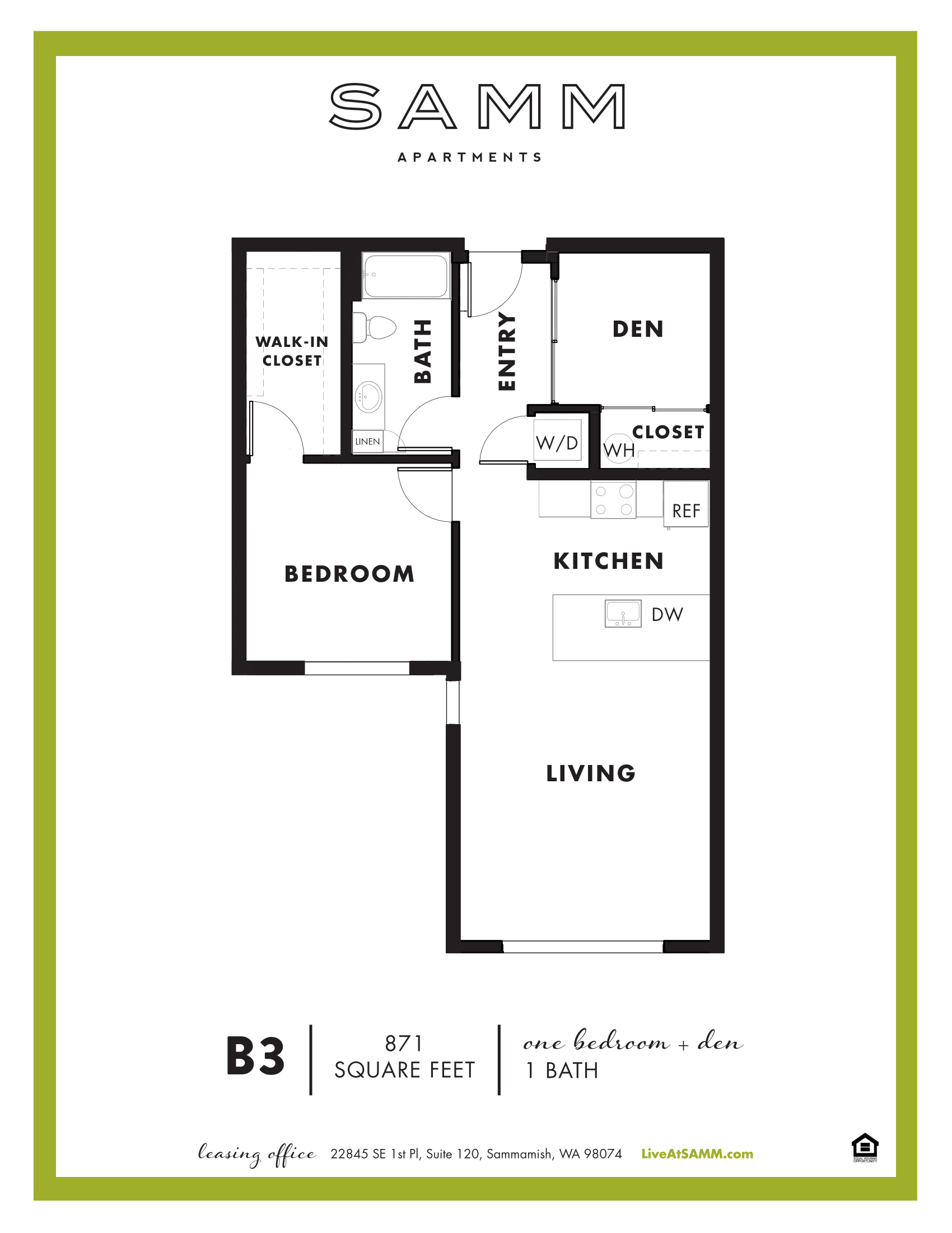 Floor plan for 1 bed, 1 bath, 871 sqft